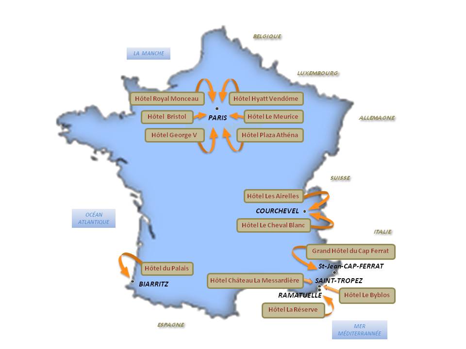Carte pour la situation et la localisation des 12 Hotels Palace en France